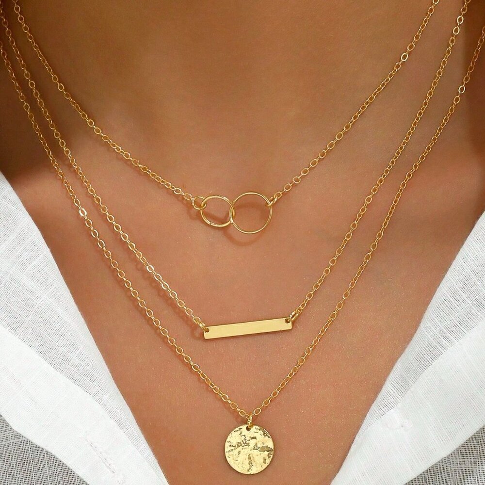 Gold Women's Elegant Bar & Disc Pendant Multi-Layered Necklace